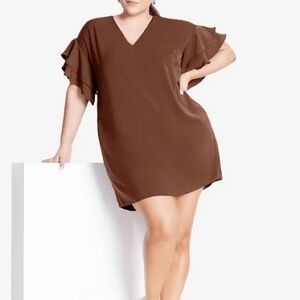 Brown Ruffle Sleeve Shift Dress